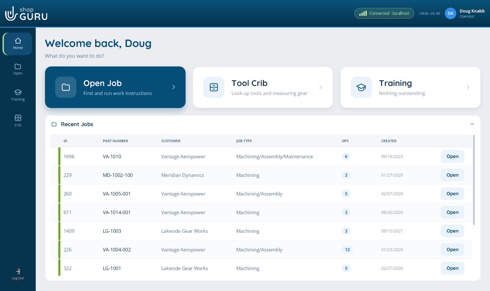 The reduced shopGURU home screen an operator sees, offering Open Job, Tool Crib and Training, with a list of recent jobs