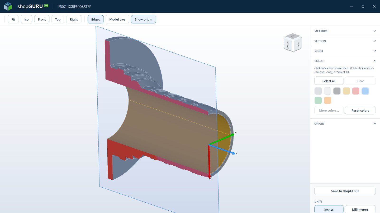 3DshopGURU, shopGURU's 3D viewer, showing a turned part cut in section with the cut faces colored and the origin marked