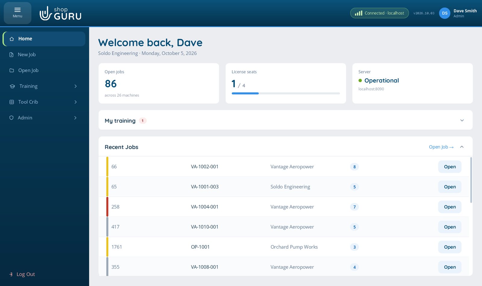 The shopGURU home screen in Light mode, with open jobs, licence seats, My training and Recent Jobs