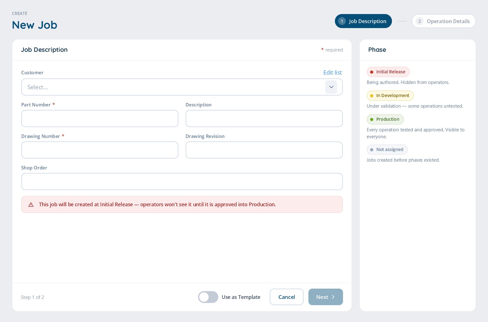 shopGURU New Job screen: customer, part number, drawing number and revision, with a note that new jobs start at Initial Release and stay hidden from operators until approved into Production