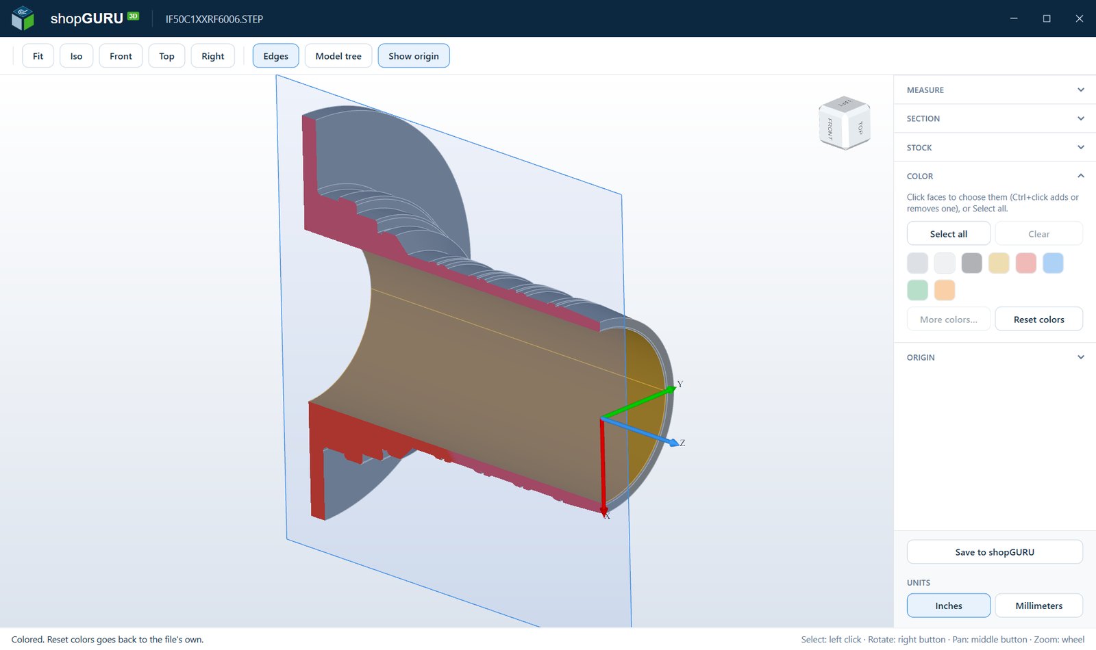 3DshopGURU: a turned part cut in section, with the cut faces colored and the origin shown