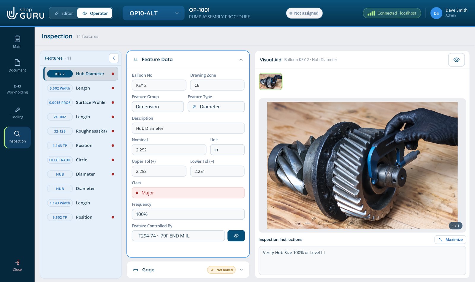 The shopGURU Inspection section: a list of features with a hub diameter selected, its nominal and tolerances, and a photo of the part