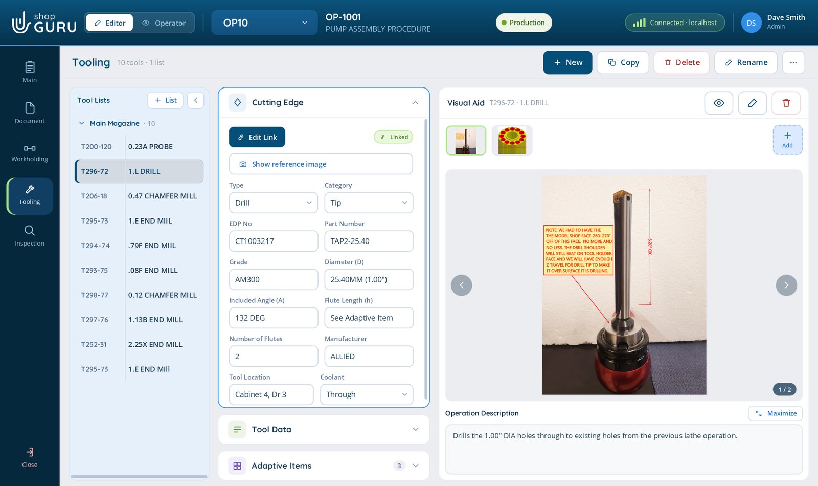 The shopGURU Job File Tooling section: a tool list on the left, the cutting edge linked to the Tool Crib, and a marked-up photo of the drill