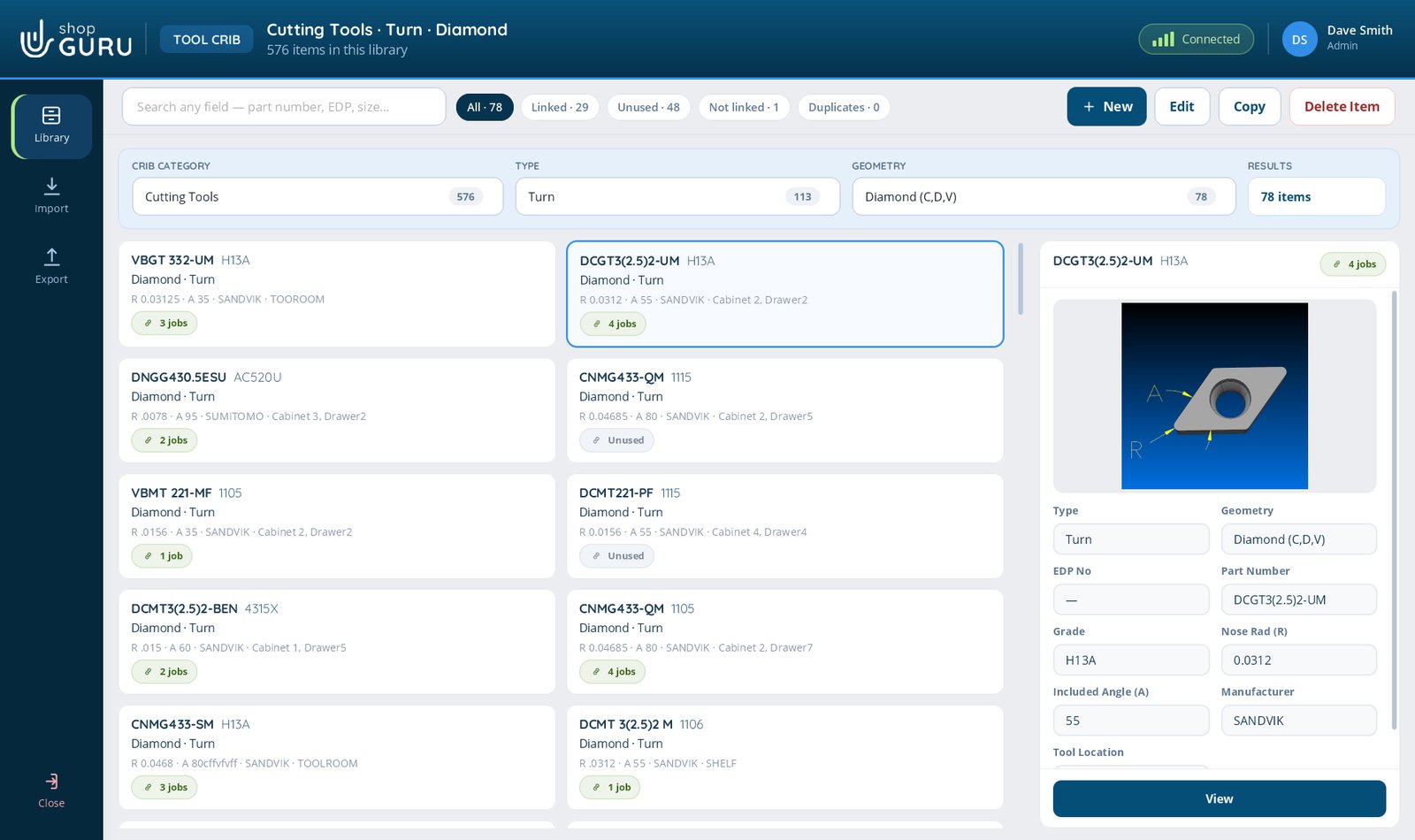 The shopGURU Tool Crib showing turning inserts as cards, each with its location and the number of jobs that use it