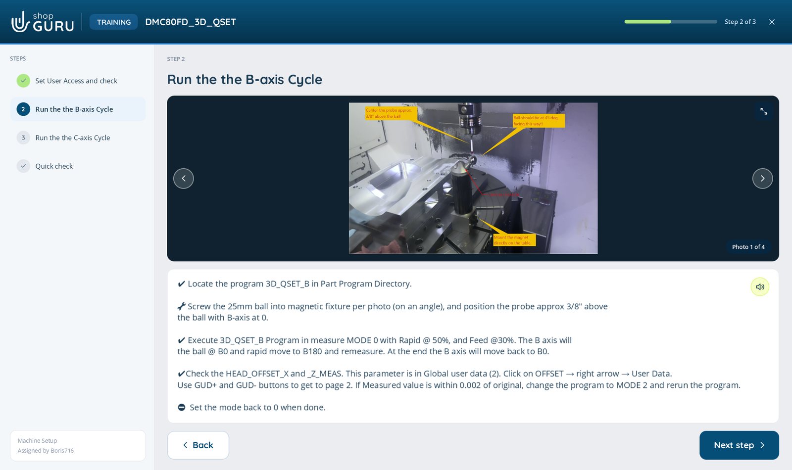 A shopGURU training step: a marked-up setup photo above step-by-step instructions, with the module's steps listed on the left