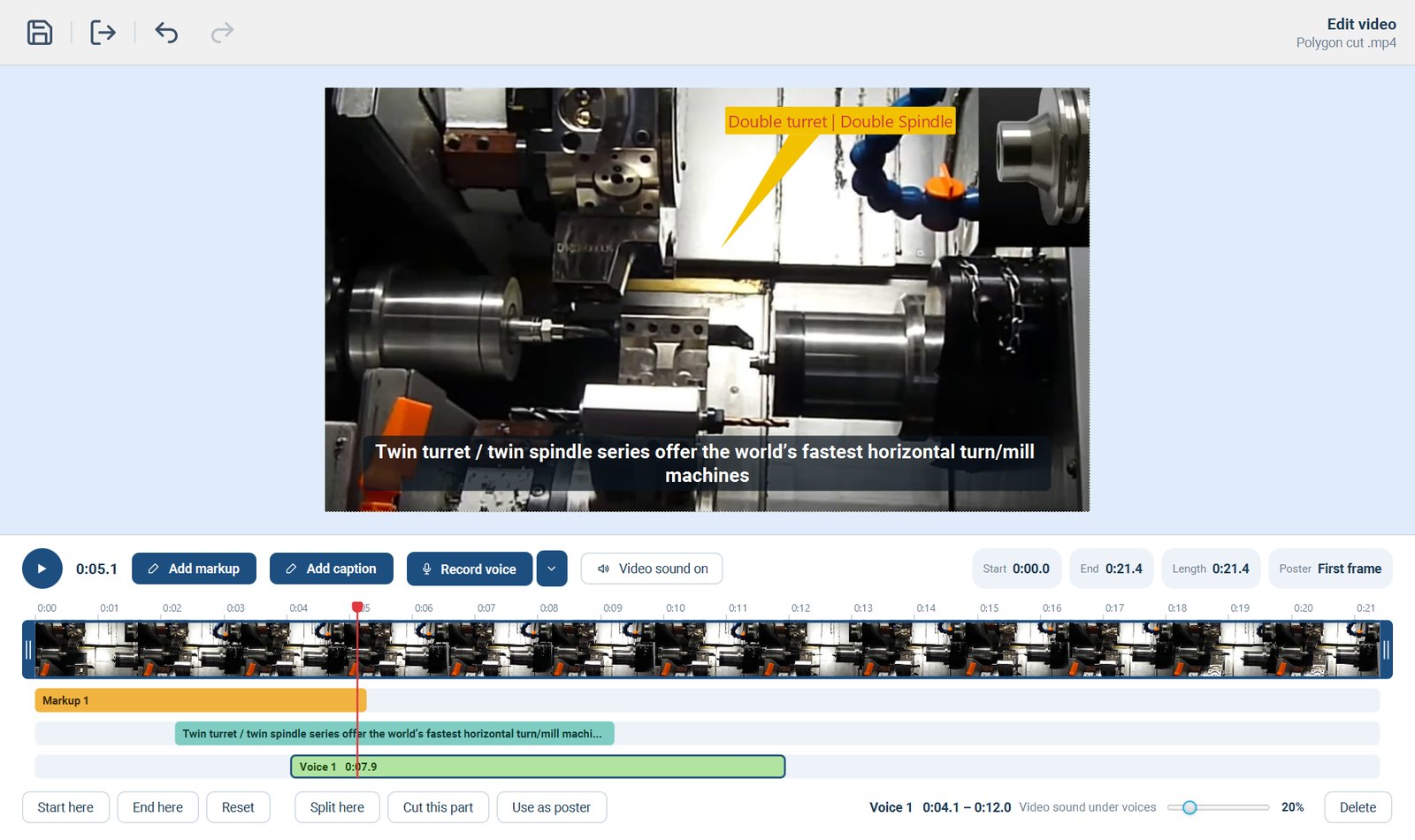 The shopGURU video editor: a twin-spindle lathe video with a callout reading Double turret, Double Spindle and a caption along the bottom, and a timeline with separate lanes for the markup, the caption and a recorded voice-over